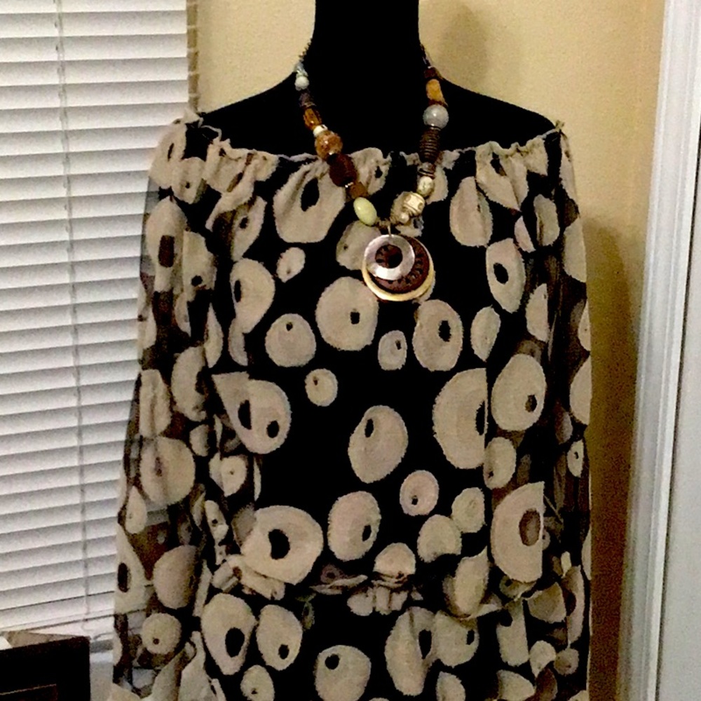 Black see through with tan linen patches ( circles)